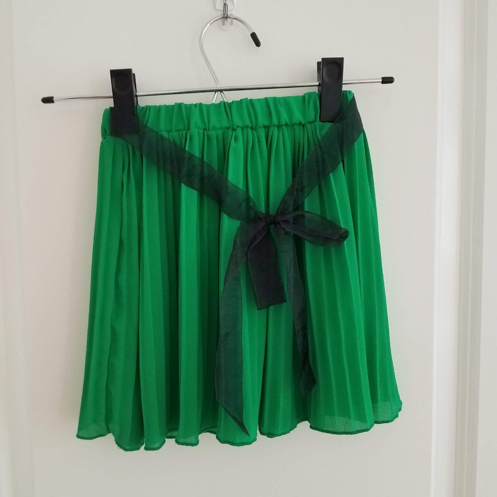 Green Pleated Skirt with Black Bow  | Little girls